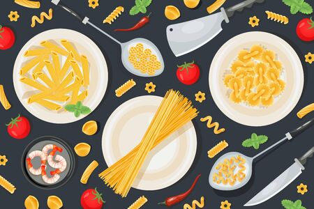 Italian pasta foodstuff, professional food preparation household utensils pattern flat vector illustration. Concept meal knife.のイラスト素材