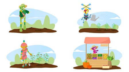 Robot character farmer harvest stuff, future technology carry crop isolated on white, flat vector illustration. Sale sowing vegetables fruits.のイラスト素材