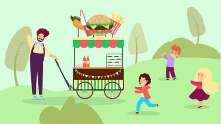 Street cafe national urban park, garden city fast food shop flat vector illustration. Child character play outdoor reserve and devour foodstuff.のイラスト素材