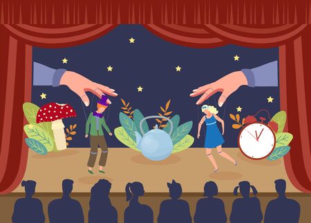 Simple theater puppet show, vector illustration. Performance marionettes actors on stage, large hands pulling threads from curtainのイラスト素材