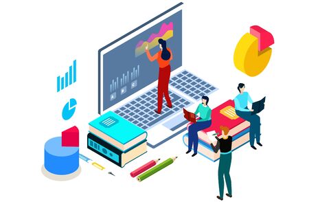 Concept online learn education, tiny character woman stand laptop man sitting book stack surf internet, 3d isometric vector illustration.のイラスト素材