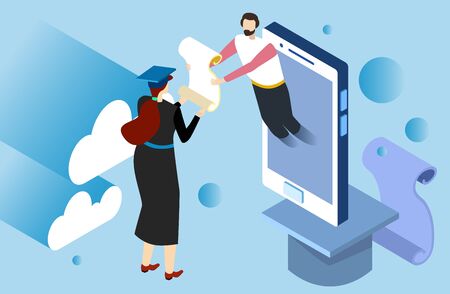 Tiny character male teacher give diploma, online education student man received higher education isometric 3d vector illustration.のイラスト素材