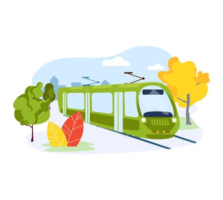Electric subway train, urban public transport system isolated on white, flat vector illustration. Ecology care nature metro vehicle, city preservation environment. Concept tram average movement.のイラスト素材