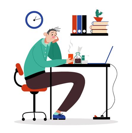 Office worker male character sitting with headache, man drink medical drug therapeutic infusion cough isolated on white, flat vector illustration.のイラスト素材