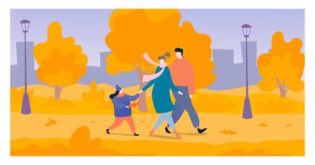 Young family walk national outdoor park, cheerful mother father and daughter stroll autumn garden flat vector illustration.のイラスト素材