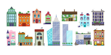House vector illustration set. Cartoon flat modern and old exterior facade of houses in city or village, townhouse icons isolated on whiteのイラスト素材