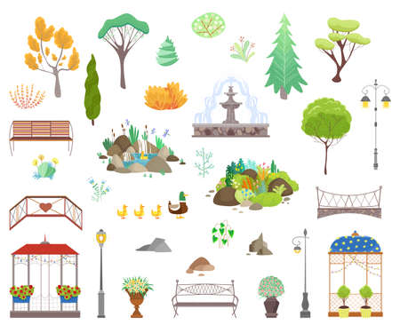 Park decor elements vector illustration set, cartoon flat city park garden landscape items collection icons isolated on whiteのイラスト素材