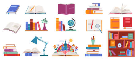 Books vector illustration set, cartoon pile stack of textbooks on bookshelf, open and closed books, adventure story fairy tales literatureのイラスト素材