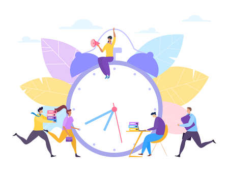 Time clock for work, vector illustration. Business people character control flat deadline and cartoon alarm design concept.のイラスト素材