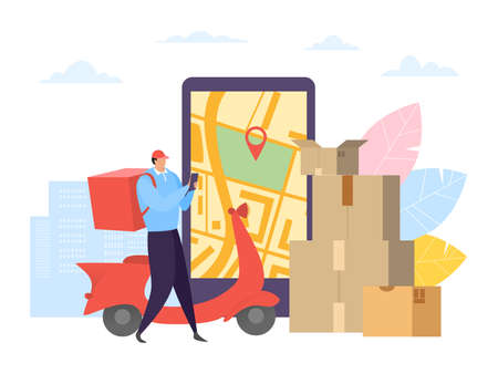 Online delivery courier service, vector illustration. Order box package near smartphone with map, parcel transportation shipping.のイラスト素材