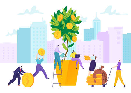 Money business investment, finance plant tree concept vector illustration. Success financial growth, cartoon businessman.のイラスト素材