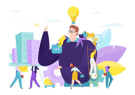Business cartoon concept, businessman with creative idea, vector illustration. Office people...