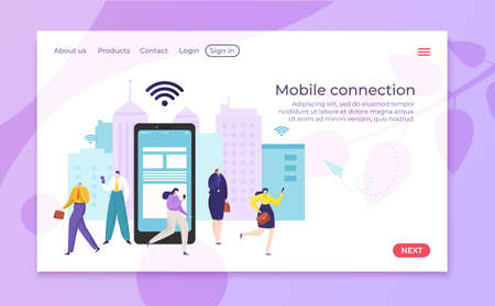 Mobile wifi concept, flat internet network for people, vector illustration. People character online in phone, social mediaのイラスト素材