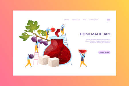 People together carry berry fruit, concept production handmade jam landing page concept cartoon...