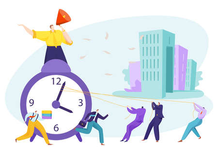 Business time clock concept, businessman and job deadline vector illustration. Time management, man character pull clock by rope.のイラスト素材