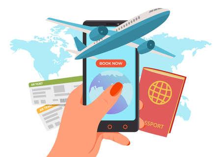 Ticket for airplane at internet application, online mobile travel vector illustration. Web reservation to flight concept, journeyのイラスト素材