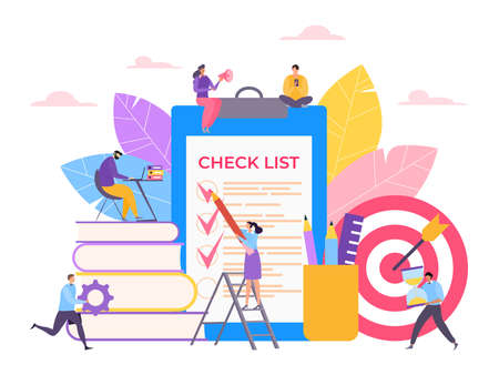 Task time management and check list, character freelancer worker, complete deal cartoon vector illustration, isolated on white. Woman hold pencil note planner.のイラスト素材