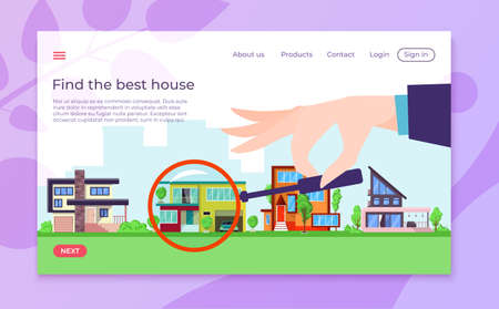 Property and real estate choosing landing page, vector illustration. Apartment advertisement website, interface advertisingのイラスト素材