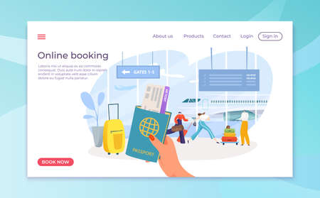 Flight ticket booking in smartphone online app, vector illustration. Airline plane trip for journey, airport passenger at screen landing pageのイラスト素材
