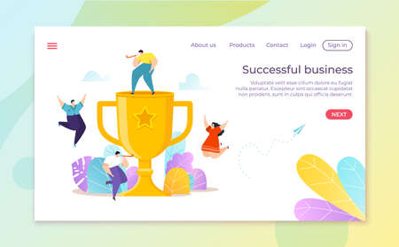 Trophy cup for business success champion achievement, vector illustration. People at victory celebration, win leadership award.のイラスト素材