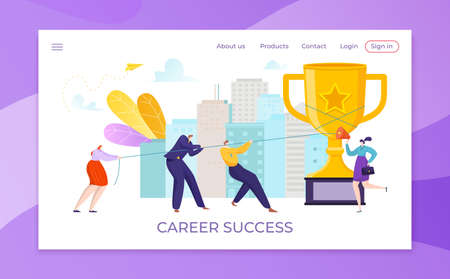 Rope at flat gold cup, businessman woman people success trophy vector illustration.Successful business achievement, team character work for win.のイラスト素材