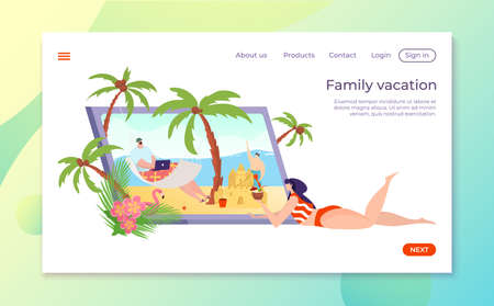 People at summer vacation, vector illustration. Family at beach landing page, flat holiday at sea travel template page. Cartoon outdoor oceanのイラスト素材