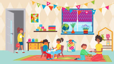 Kindergarten teacher with girl boy kid play in room, vector illustration. Preschool classroom with toy, little children and happy womanのイラスト素材