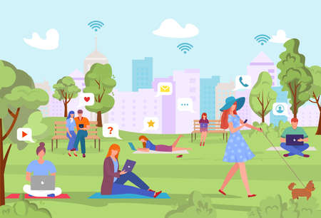 Internet social media icon, vector illustration. Flat man woman character use online network in park, young graphic personのイラスト素材