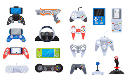Video game joystick icons and gamers gadgets technology, controller set of vector illustrations. Electronic video gamepad.のイラスト素材