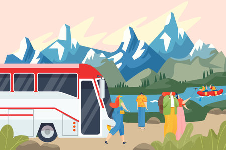 Bus stopped, tourists admire mountain landscape, road trip by transport, business tourism, cartoon style vector illustration.のイラスト素材