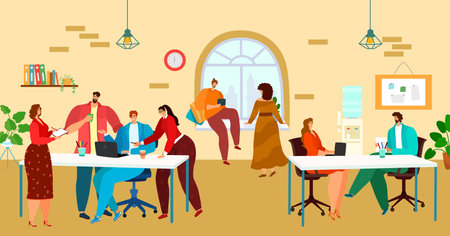 Coworking, office workspace, people work together in team, creative business process, design cartoon style vector illustration.のイラスト素材