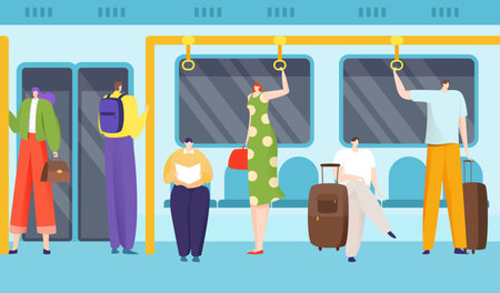Passengers in underground, inside train carriage, city public transport, high-speed metro, design flat style vector illustration.のイラスト素材