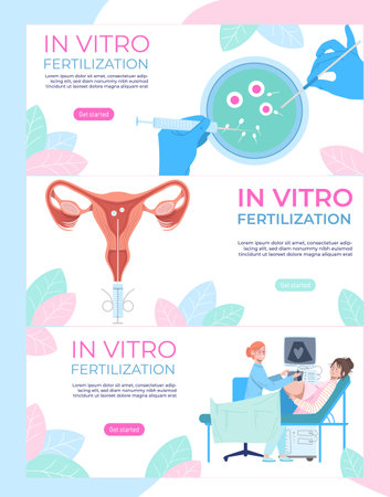 In vitro fertilization medical banners set, modern medicine, artificial pregnancy, design cartoon style vector illustration.のイラスト素材