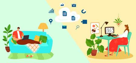 Work at home with cloudy environment, successful home business, woman designer at computer, cartoon style vector illustration.のイラスト素材