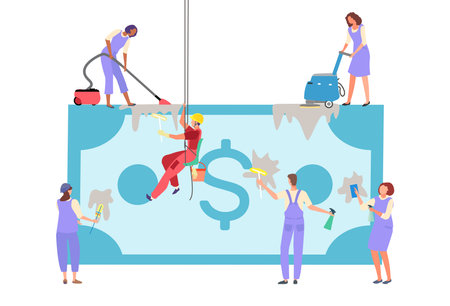 Dirty money concept, foreign currency, financial crime, business cash, banknote laundering, cartoon style vector illustration.のイラスト素材