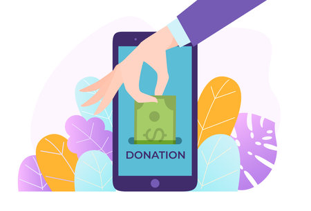 Donation mobile phone, ability to donate online, digital money, payment network, design cartoon style vector illustration.のイラスト素材