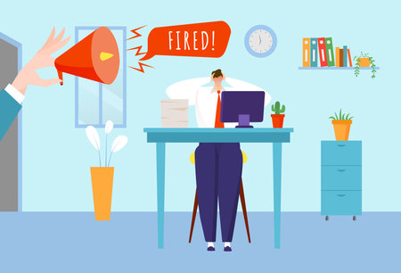 Employee job reduction concept, depressed worker, stressful office work, manager fired, design cartoon style vector illustration.のイラスト素材