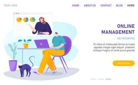 Online workflow managemant networking, business network, laptop work, internet office, design cartoon style vector illustration.のイラスト素材