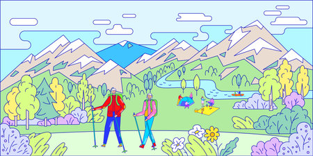 People relax in mountains, nordic walking, line art, beautiful nature outdoors, active lifestyle, flat style vector illustration.のイラスト素材