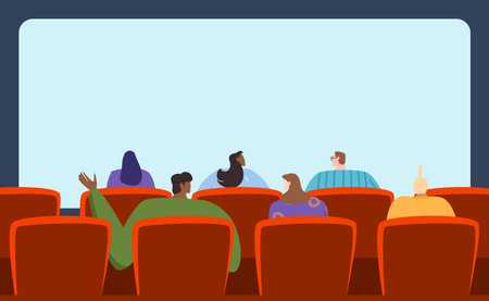 People watching movie, spacious audience, interesting film, entertainment program, design cartoon style vector illustration.のイラスト素材