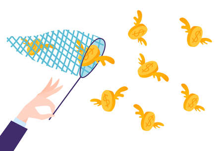 Businessman hand in office suit hold butterfly net catch gold dollar coin, business finance flat vector illustration, isolated on white.のイラスト素材