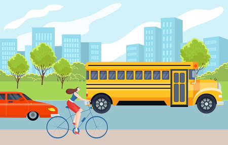 Concept modern city transport banner, woman character ride bicycle on road, yellow school bus and personal car flat vector illustration.のイラスト素材