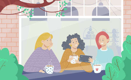 Group people together female sitting relax girlfriend meeting, woman friend drink coffee cozy cafe flat vector illustration.のイラスト素材