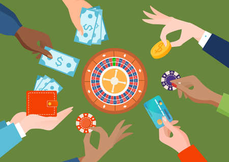 People group different nation hold hand casino chip, dollar cash banknote and gold coin flat vector illustration, isolated on white.のイラスト素材