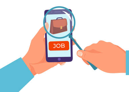 Work candidate search occupation job, male hand hold magnifying glass and mobile phone device flat vector illustration, isolated on white.のイラスト素材