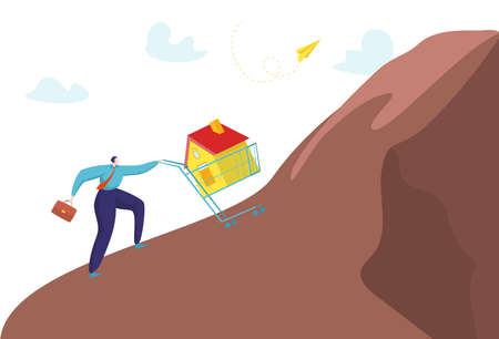 Borrower male character push shopping cart personal house to mountain concept, mortgage loan financial credit flat vector illustration.のイラスト素材