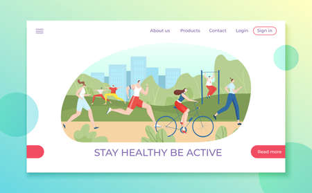 Stay healthy and be active landing web banner, modern city citizen character outdoor urban training ground flat vector illustration.のイラスト素材