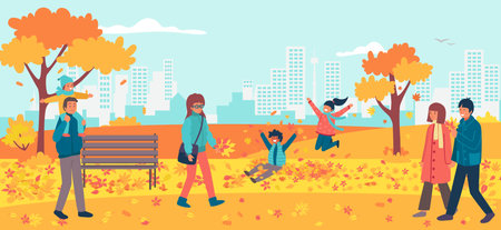 Cheerful walk national autumn park, character male female together stroll urban garden flat vector illustration, romantic place.のイラスト素材