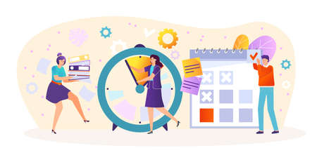 Business team working place, company time management, tiny character standing chronometer, hold book flat vector illustration, isolated on white.のイラスト素材