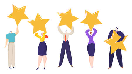 Group people character together hold board poster with five star rating, human make vote flat vector illustration, isolated on white.のイラスト素材